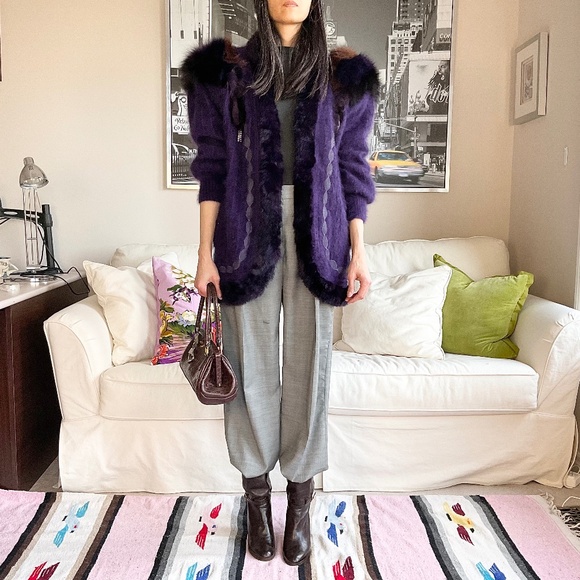 Purple knit angora jacket with fur trim - Picture 3 of 15